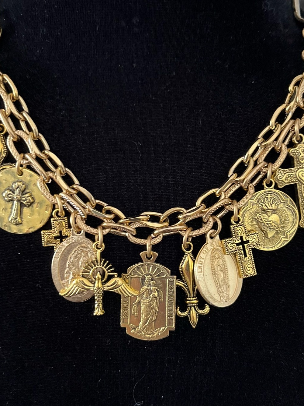 Catholic Saints and Crosses Charm Bracelet, Gold Tone Medals - Picture 11 of 12